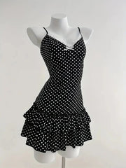 Women's Strapless Polka Dot Mini Dress with Bow Waist and Ruffle Detail, Y2K Style