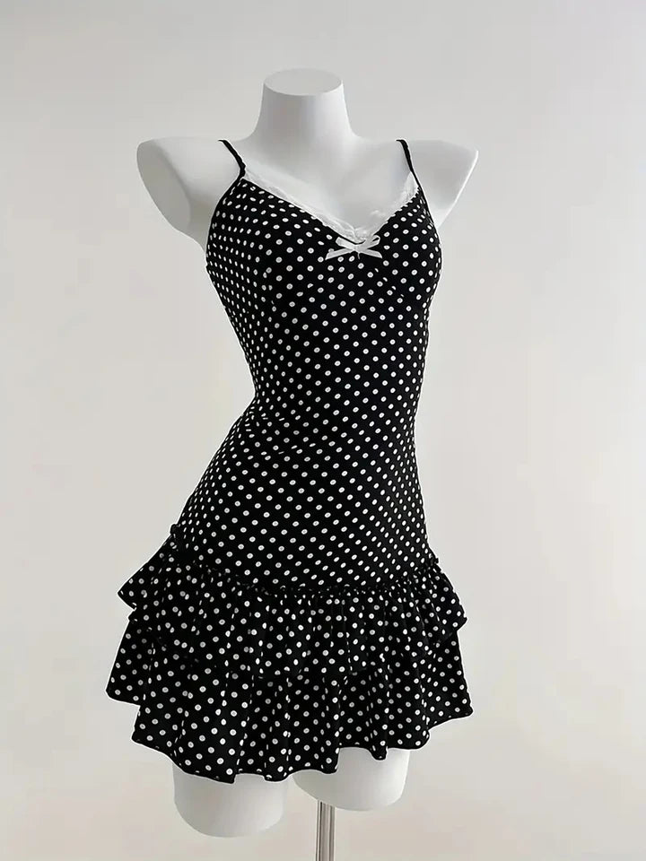 Women's Strapless Polka Dot Mini Dress with Bow Waist and Ruffle Detail, Y2K Style