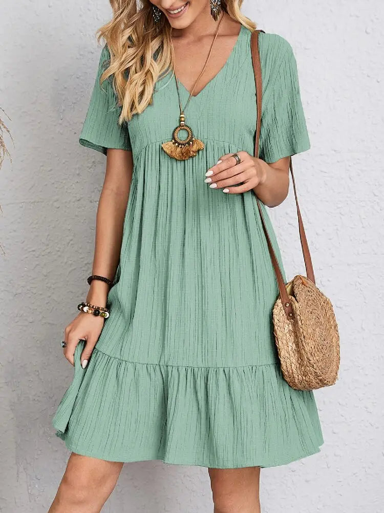 Women's Short Sleeve V‑Neck Ruffle Mini Dress, Solid Loose Boho Summer Dress