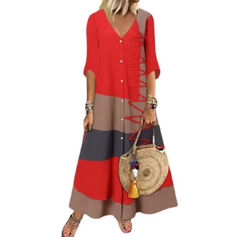 V-Neck Color Block Patchwork Short Sleeve Dress with Button Detail – Casual Loose Long Dress