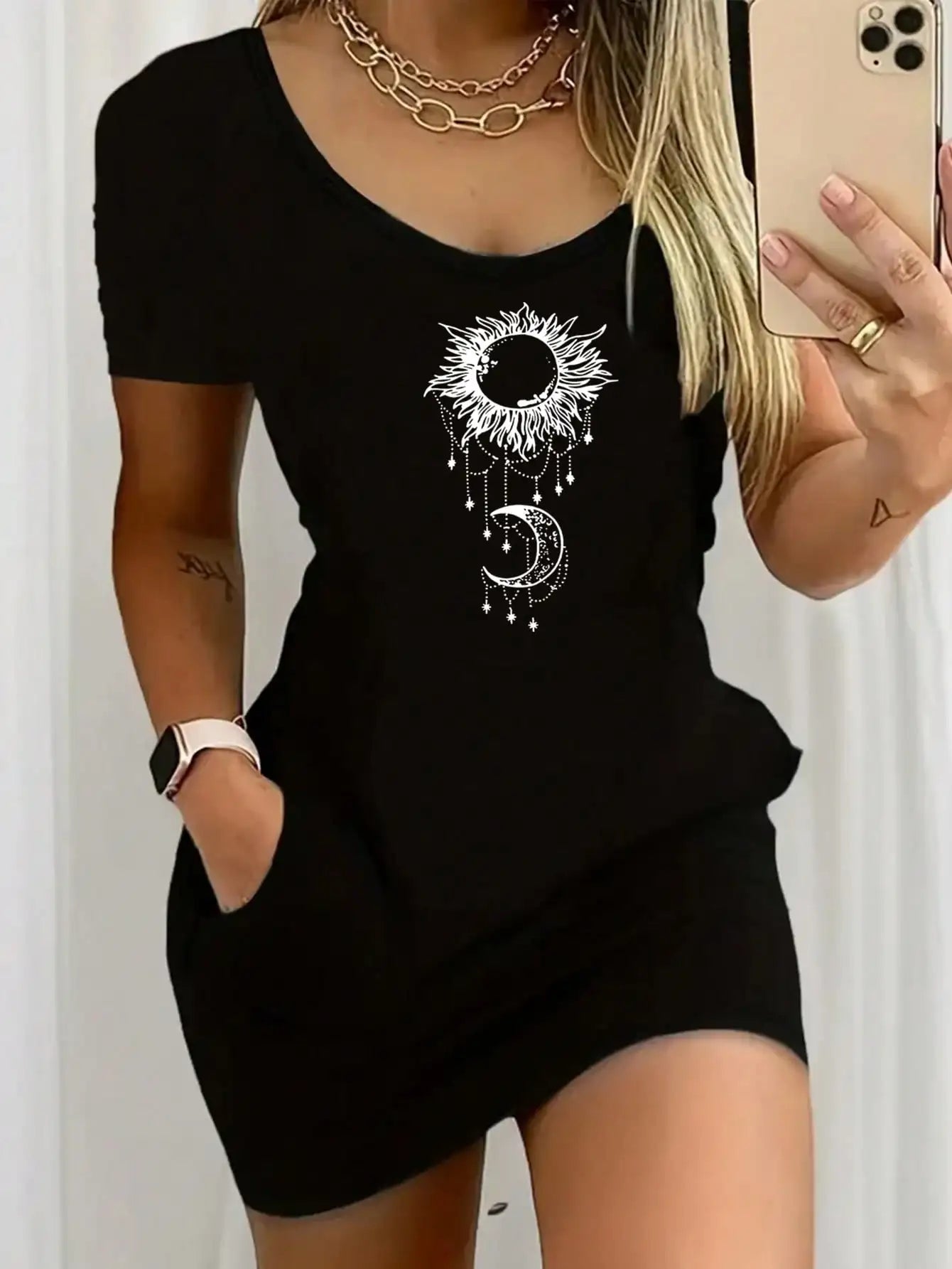 Solid‑Color Sun‑Moon Pattern Round‑Neck Short‑Sleeve Dress