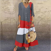 V-Neck Color Block Patchwork Short Sleeve Dress with Button Detail – Casual Loose Long Dress