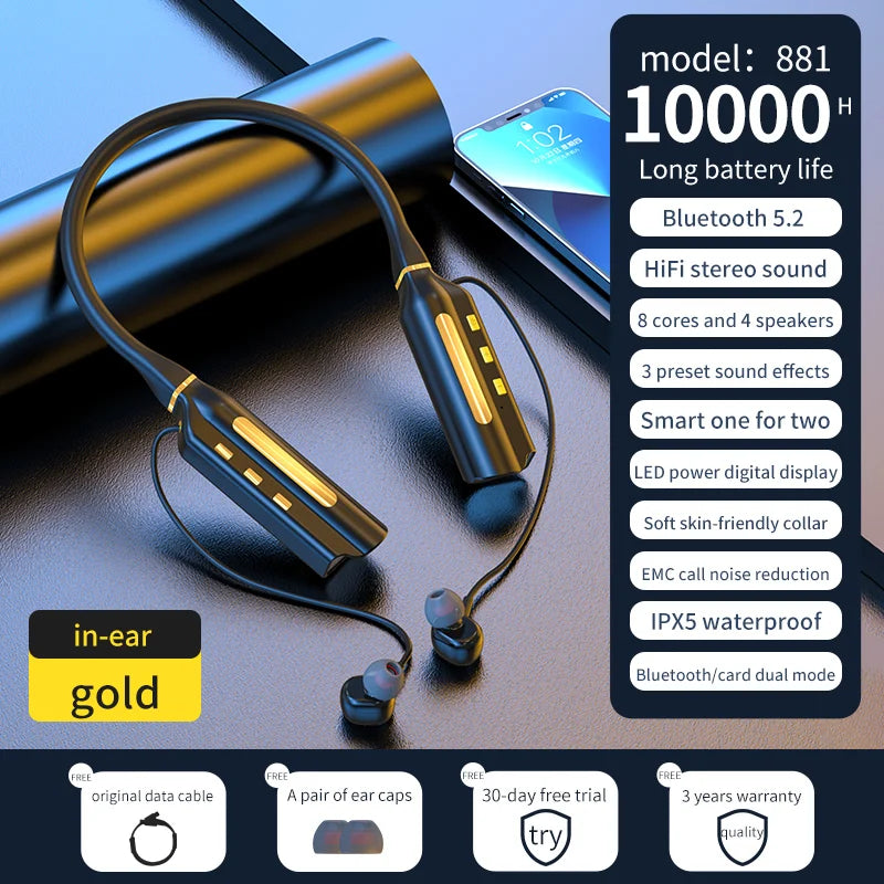 Wireless Bluetooth Neckband Earbuds with Magnetic Design, 10000mAh Battery for Up to 10000 Hours Playback and Noise Reduction