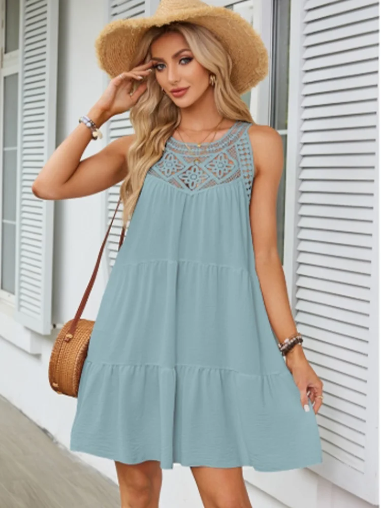 Solid‑Color Lace Hollow Short‑Sleeve Round‑Neck Dress