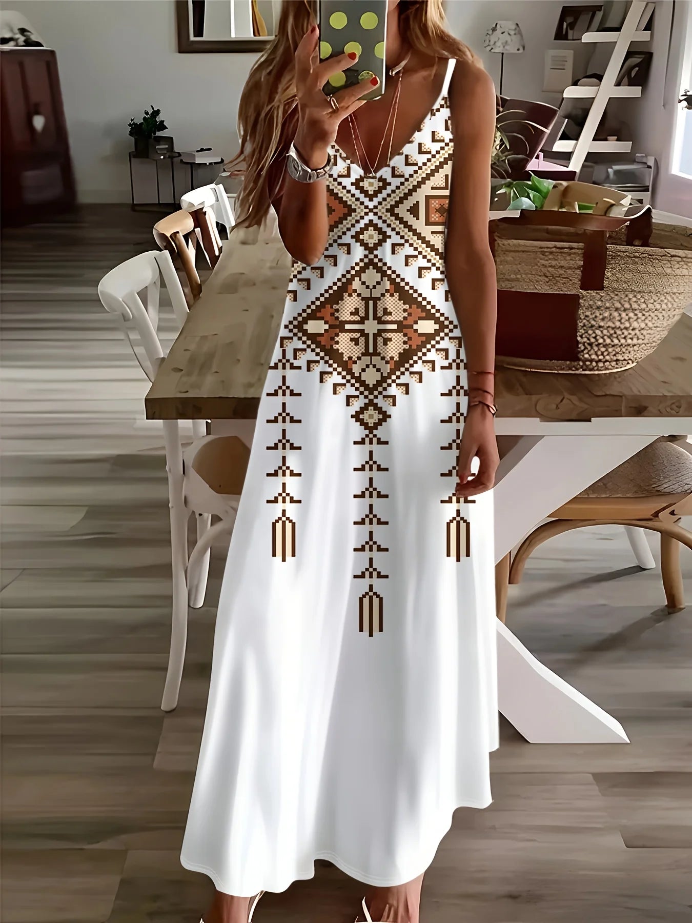 Casual Geometric Tribal Print V‑Neck A‑Line Midi Dress