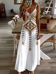 Casual Geometric Tribal Print V‑Neck A‑Line Midi Dress