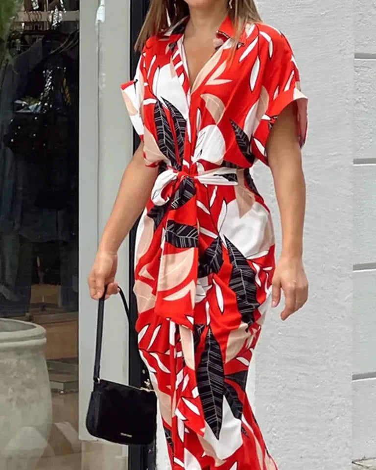 Women's Summer Short Sleeve Printed Dress with Flip Collar and Belt