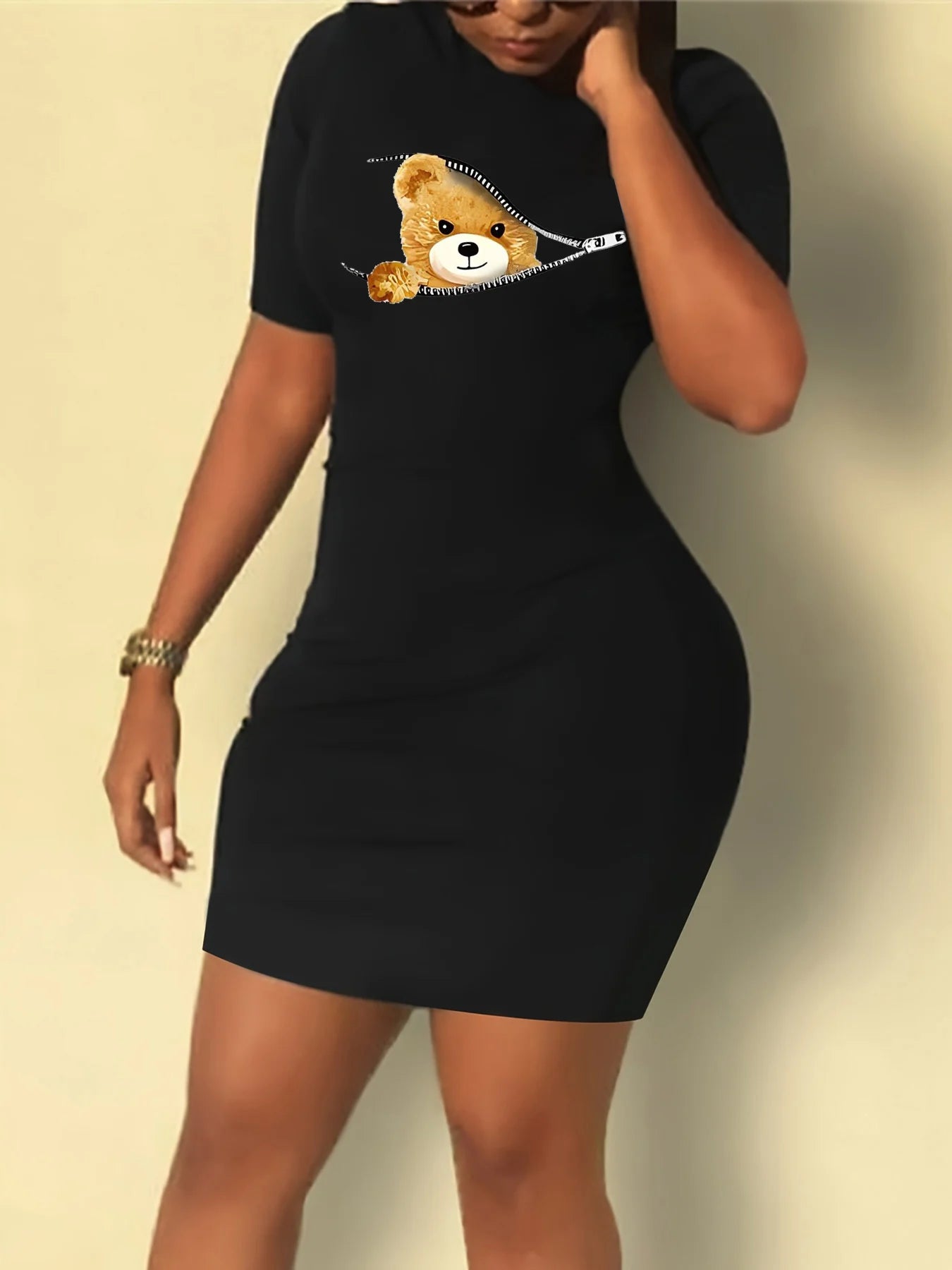 Summer Women's Bear Cartoon Print Slim Fit Short Sleeve Round Neck Mini Dress