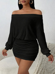 One‑Shoulder Puffy Solid Color Long Sleeve Knitted Dress