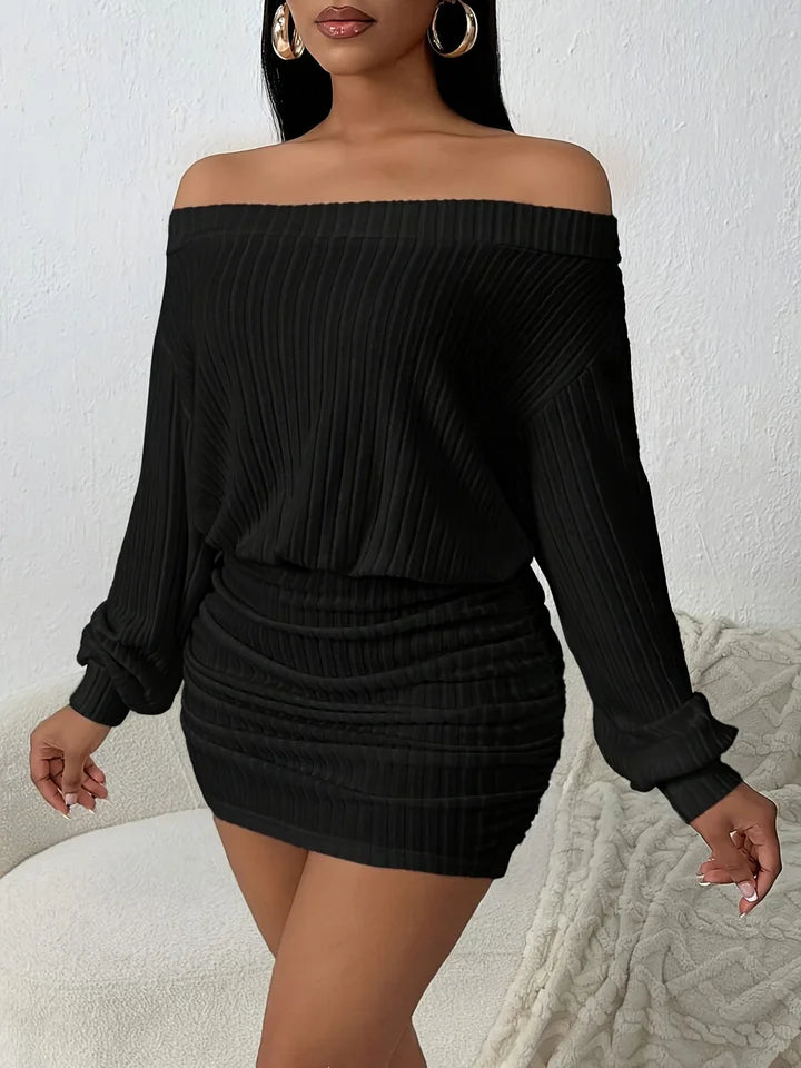 One‑Shoulder Puffy Solid Color Long Sleeve Knitted Dress