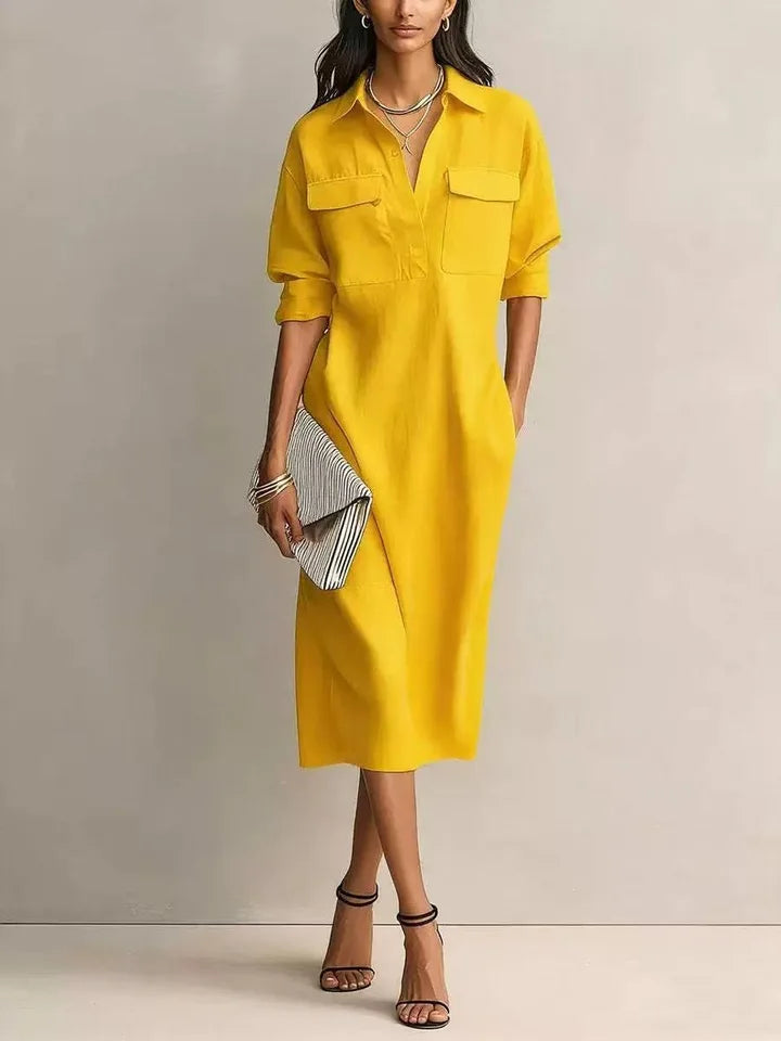 Pure Color Midi Dress with Pocket and Turn-Down Collar – Slim Office Elegance
