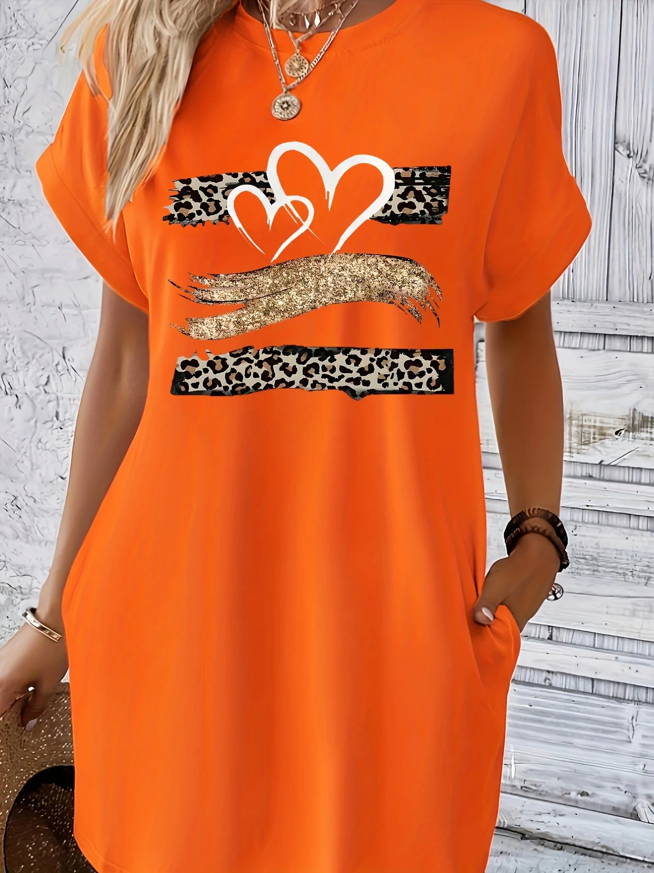 Women's Casual Knit T‑Shirt Dress with Heart Print and Colorful Flag Design, Black