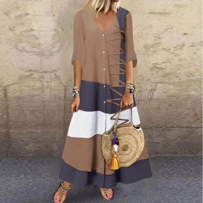 V-Neck Color Block Patchwork Short Sleeve Dress with Button Detail – Casual Loose Long Dress