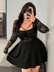 Plus Size Lace Mini Dress with Long Sleeves and Ruched Detail – Casual Chic Summer Outfit