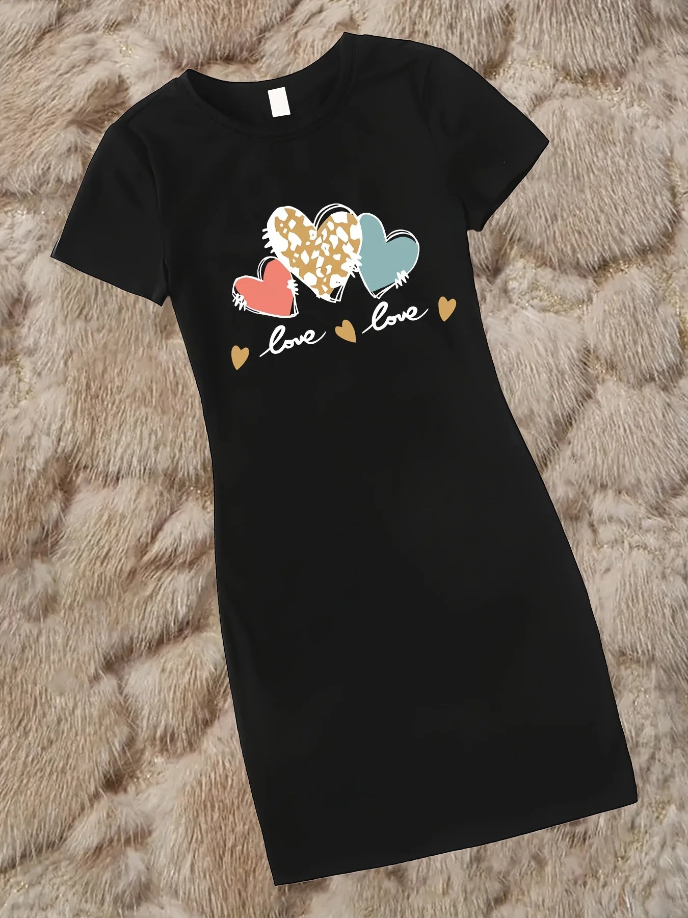 Summer Women's Bee Bow Pattern Printed Slim Fit Short Sleeve Round Neck Mini Dress