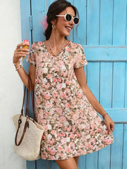 Floral Print A-Line Shift Mini Dress with V‑Neck and Short Sleeves – Casual Boho Chic Summer Dress