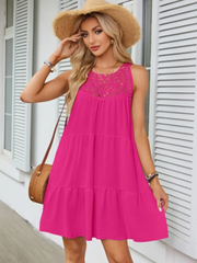 Solid‑Color Lace Hollow Short‑Sleeve Round‑Neck Dress