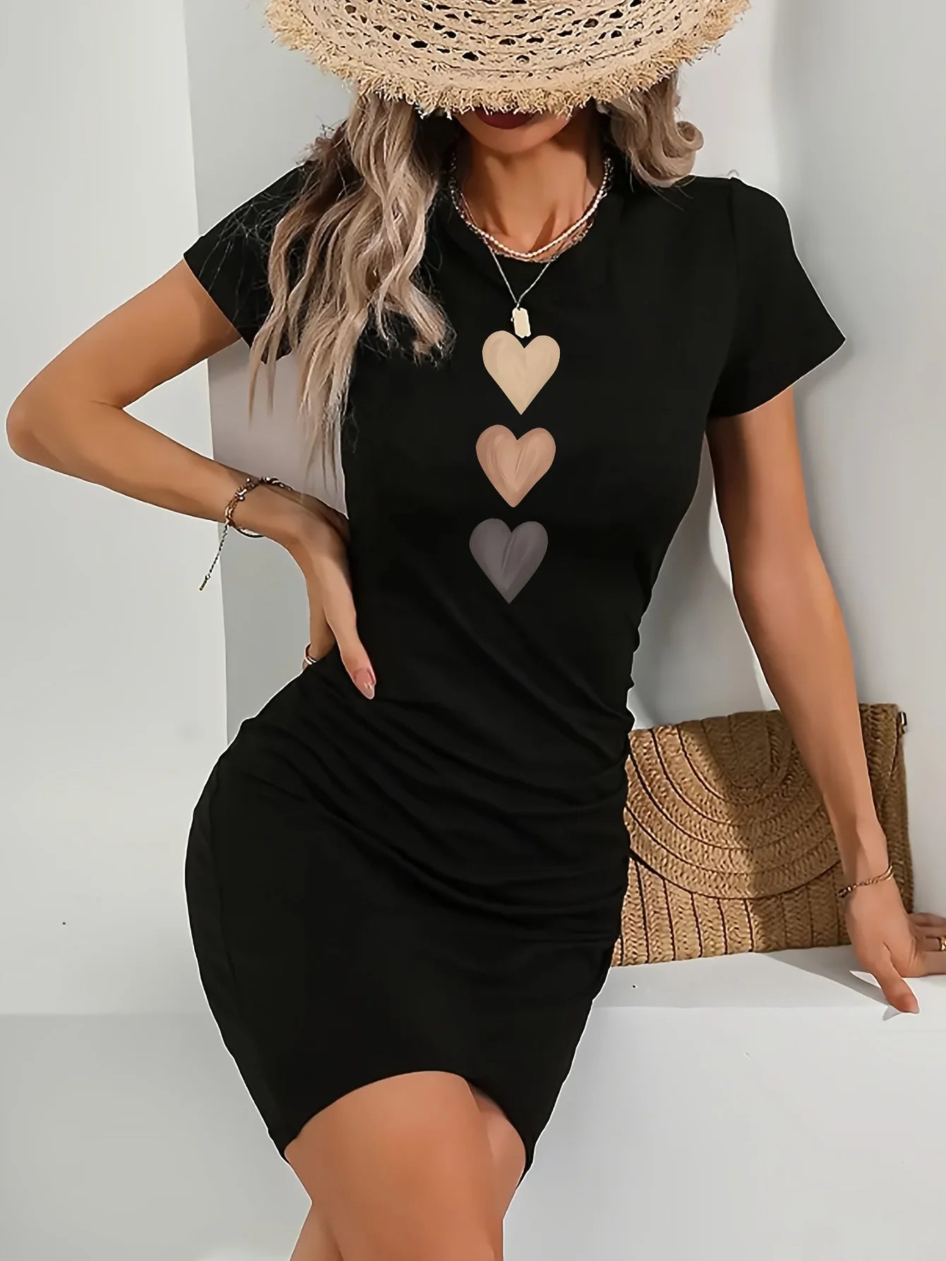 Summer Women's Bee Bow Pattern Printed Slim Fit Short Sleeve Round Neck Mini Dress