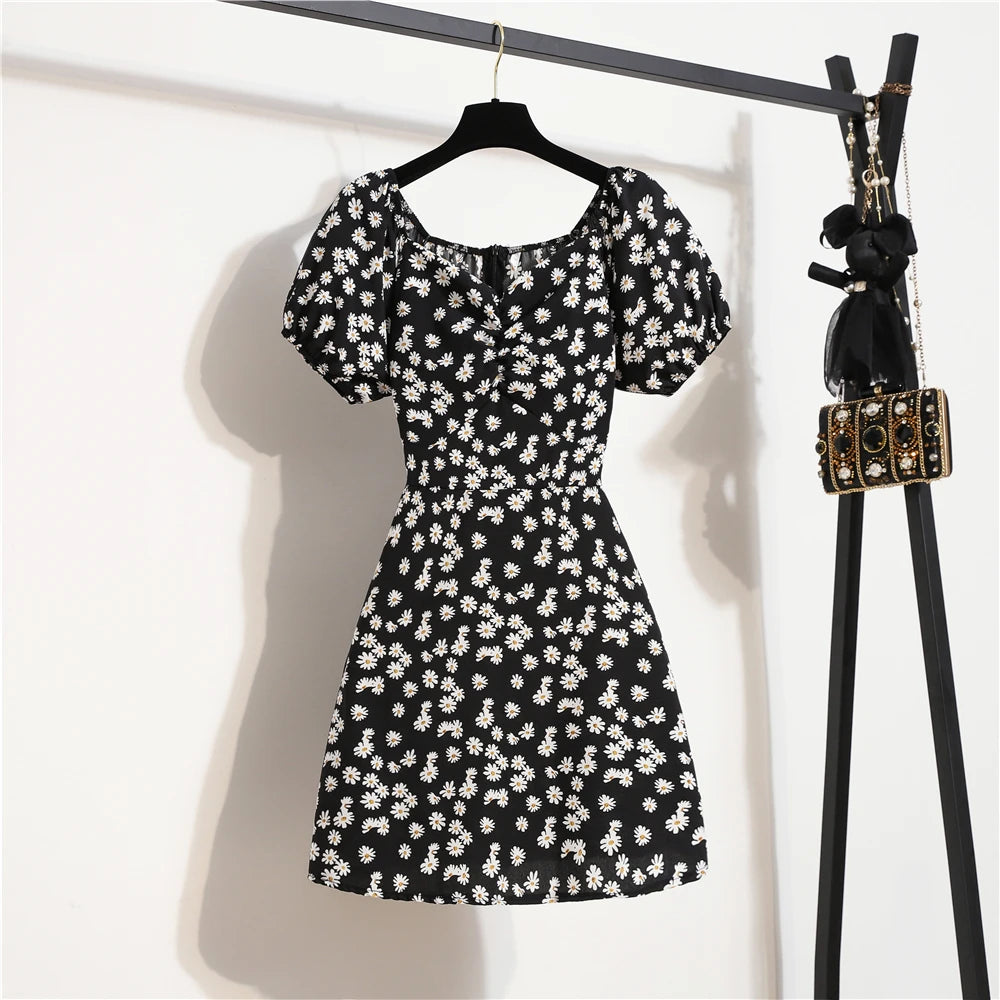 Summer Women's Floral Chiffon Print Shirred Pleated Mini Dress with Short Puffy Sleeves