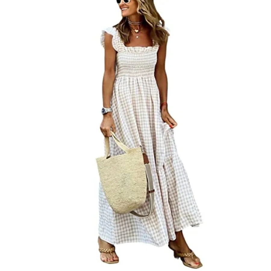 Retro Plaid Smocked Long Dress with Spaghetti Straps and Flounce Detail