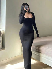Women's Solid Long Sleeve Bodycon Scoop Neck Long Dress
