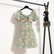 Summer Women's Floral Chiffon Print Shirred Pleated Mini Dress with Short Puffy Sleeves