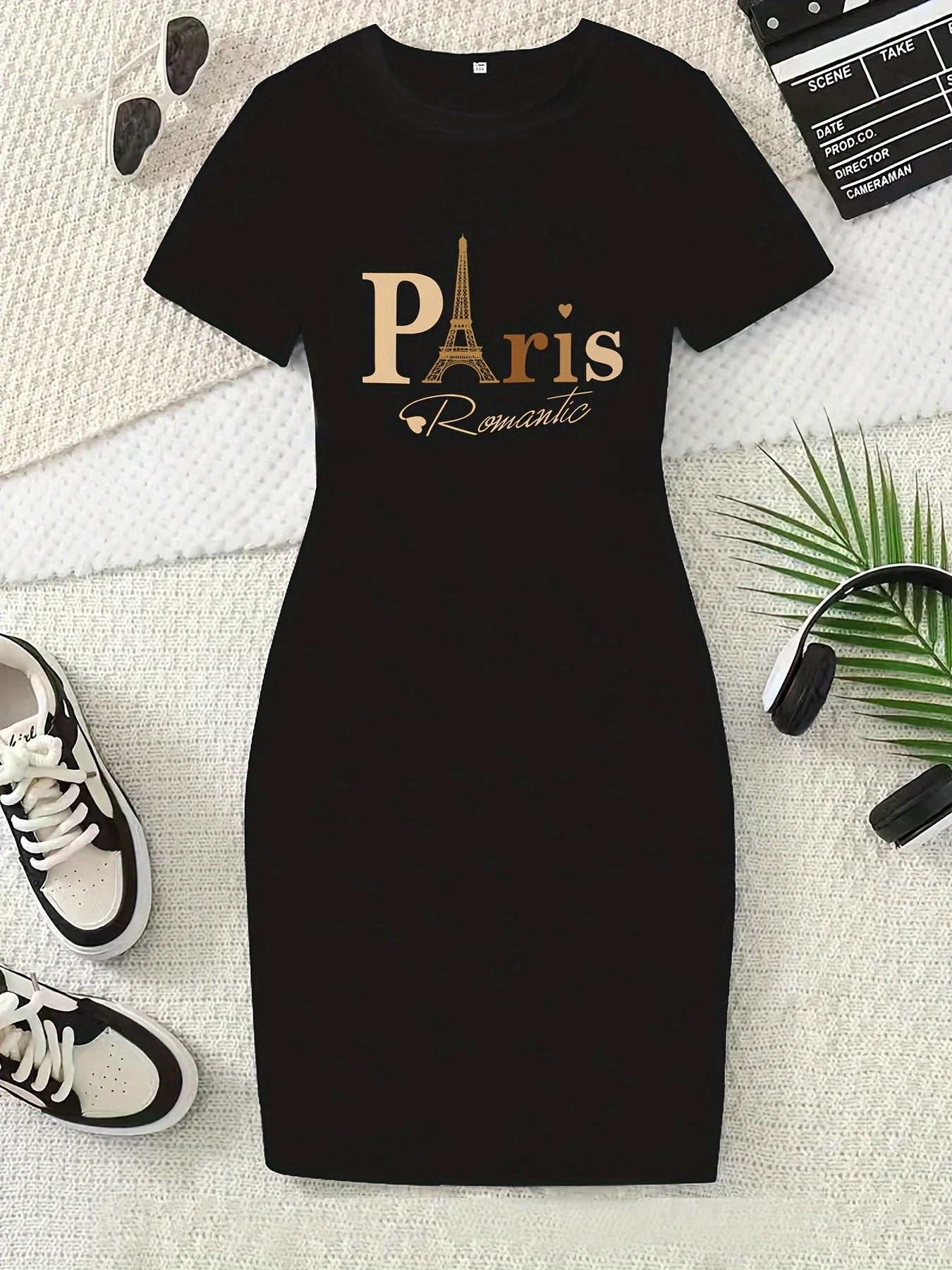 Summer Women's Bee Bow Pattern Printed Slim Fit Short Sleeve Round Neck Mini Dress