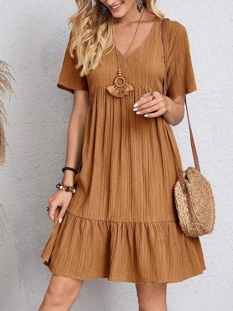 Women's Short Sleeve V‑Neck Ruffle Mini Dress, Solid Loose Boho Summer Dress