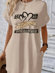 Women's Casual Knit T‑Shirt Dress with Heart Print and Colorful Flag Design, Black