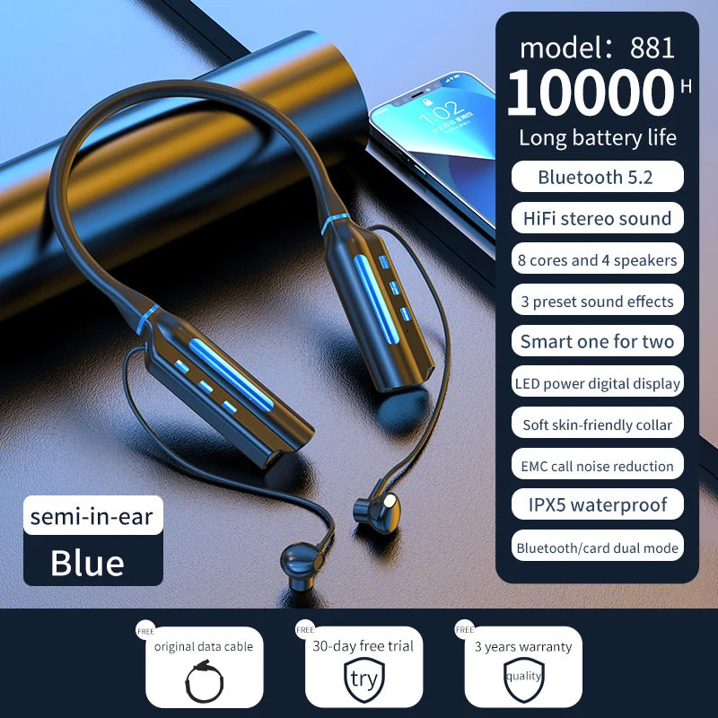 Wireless Bluetooth Neckband Earbuds with Magnetic Design, 10000mAh Battery for Up to 10000 Hours Playback and Noise Reduction