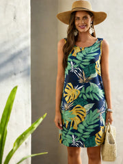 Sleeveless Tropical Leaf‑Print Boho Shift Tunic Dress