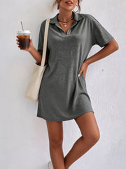Solid Color Stretch Knit Collared Short‑Sleeve Midi Dress – Casual Loose Fit