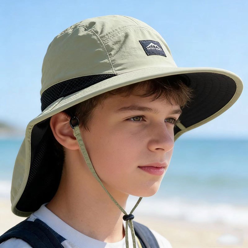 Youth Outdoor Sun Hat with Wide Brim, Drawstring, and Breathable Mesh – Multi‑Functional for Travel, Hiking and Beach