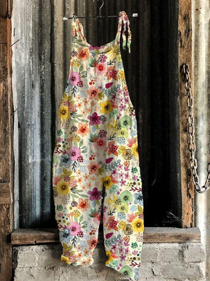 Women's Vintage Print Flared Suspender Pants