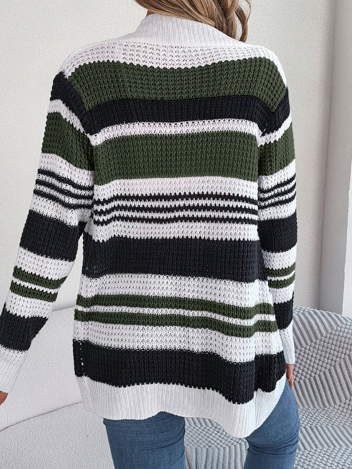 Women Casual Color Block Stripe Pocket Long Sleeve Cardigan Sweater