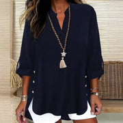 Plus-size Solid-color V-neck Top Springautumn Long-sleeve Relaxed-fit Button-up Elegant Shirt