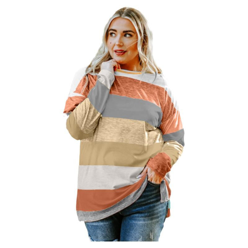 Plus Size Green Color Block Loose Long Sleeve Top