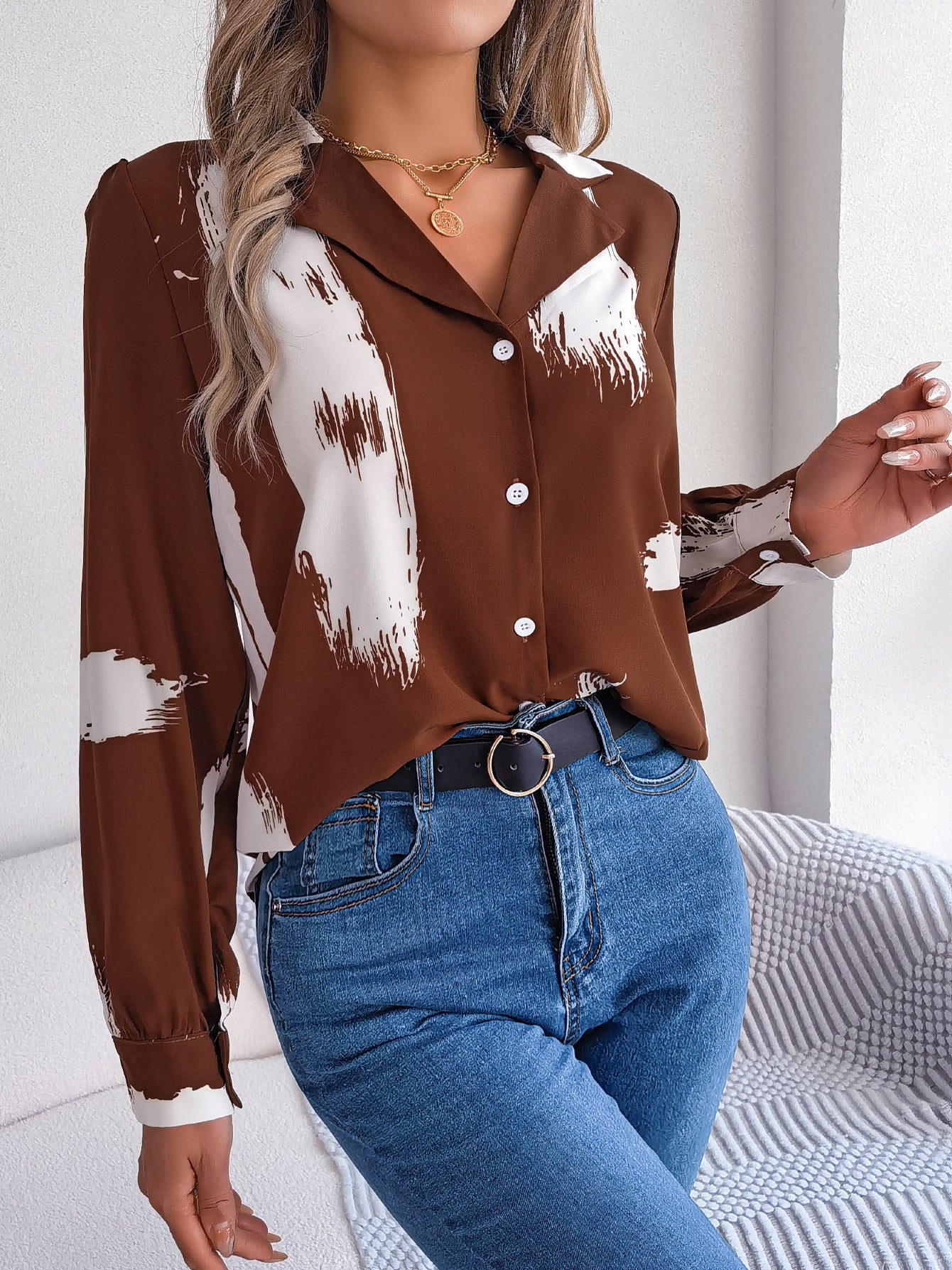 Women's Elegant Color Block Stripe Notched Lapel Long Sleeve Shirt