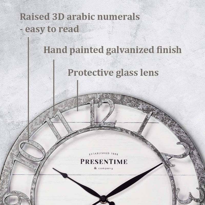 Co 13 Farmhouse Series Rustic Modern Wall Clock with Quartz Movement, Shiplap Style White Face & Black Hands, Raised 3D Arabic Numerals, Galvanized Frame - Irregular Farmhouse Design, Easy-to-Read Large Clock for Living Room, Kitchen