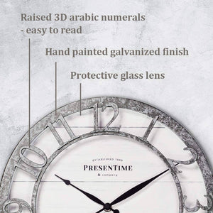 Co 13 Farmhouse Series Rustic Modern Wall Clock with Quartz Movement, Shiplap Style White Face & Black Hands, Raised 3D Arabic Numerals, Galvanized Frame - Irregular Farmhouse Design, Easy-to-Read Large Clock for Living Room, Kitchen