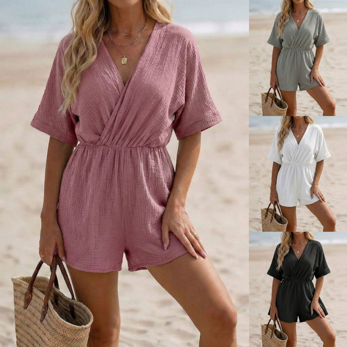 V-neck Solid-color Short-sleeve Jumpsuit Womens Wide-leg Shorts