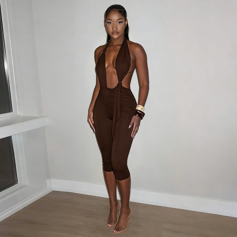 Women's Backless Halter Neck Lace-Up Jumpsuit