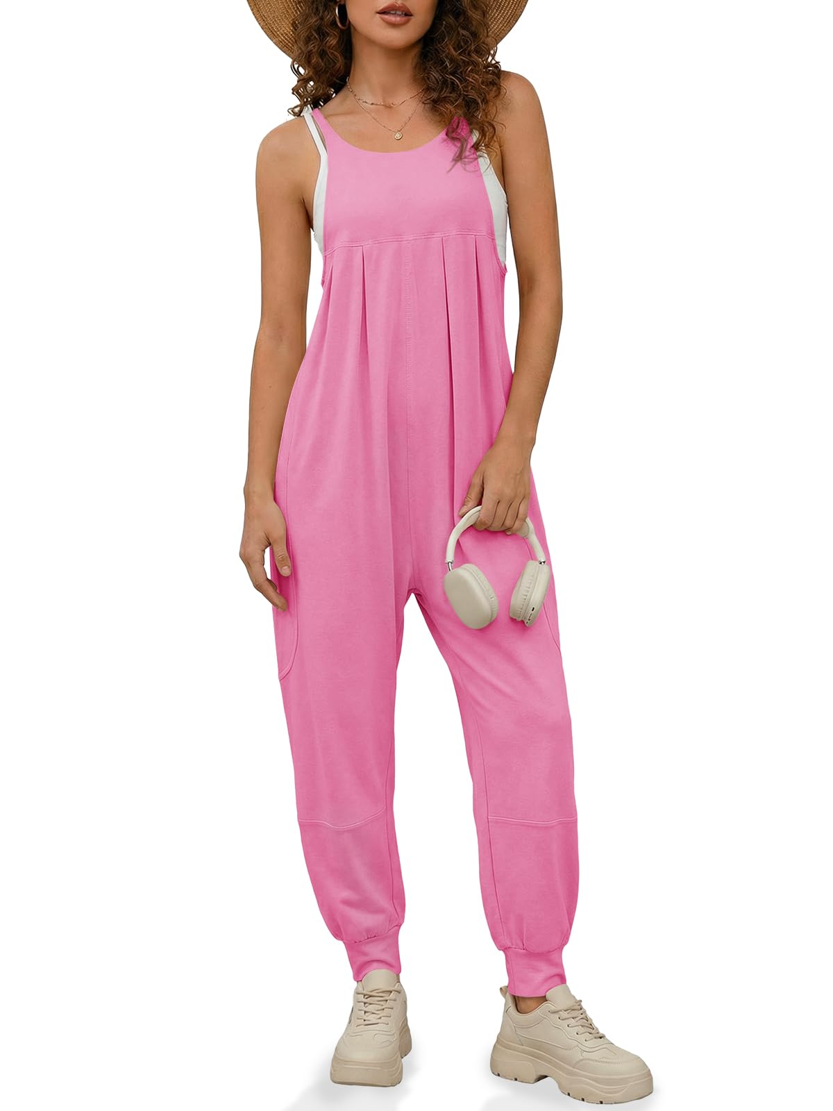 Fisoew Jumpsuits For Women Summer Casual Overalls Spaghetti Strap Sleeveless Pleated Rompers Jumpers With Pockets