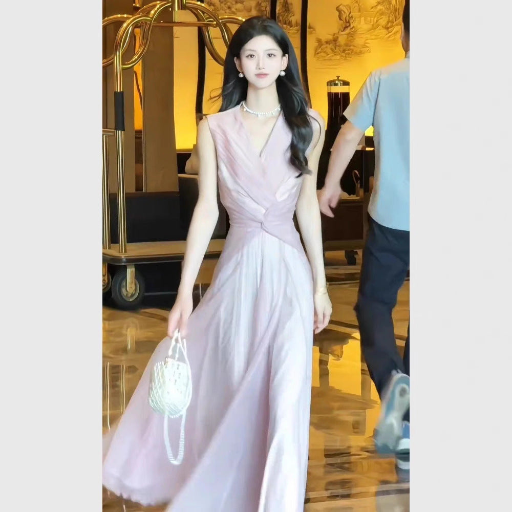 Elegant French Hepburn Sleeveless Knot A-Line Dress