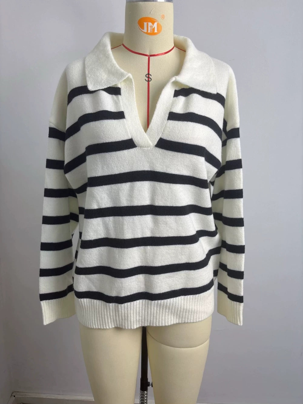 Fashion Patchwork Striped Lapel Loose Plus Size Knit Sweater for Women