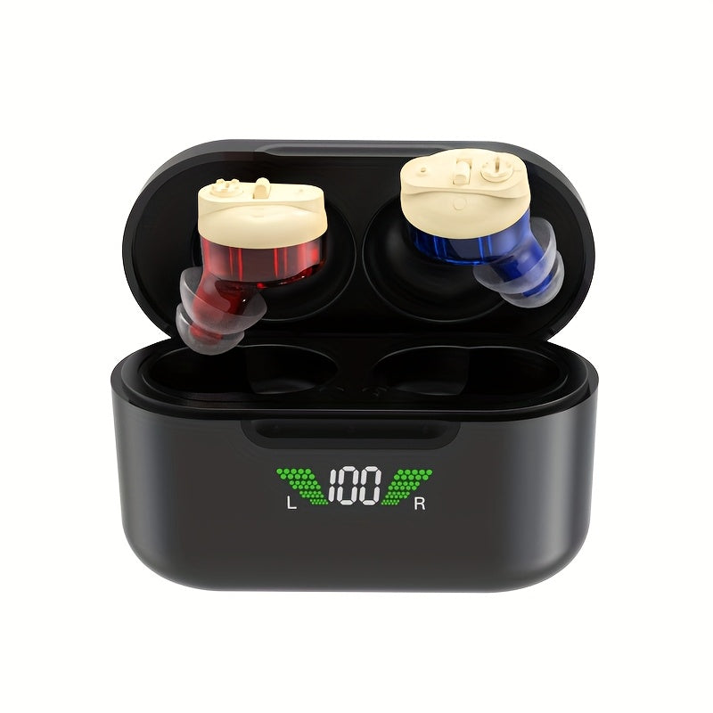 Rechargeable In‑Ear Hearing Aid Pair with Noise Reduction and Charging Case