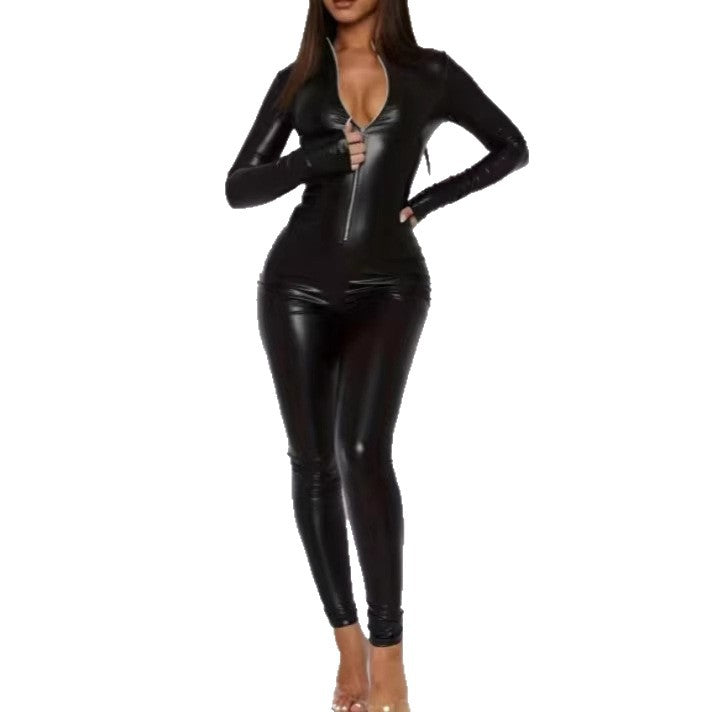 Women's Sexy PU Leather Deep V-Neck Zipper Bodysuit