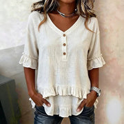 Womens Retro V-Neck Ruffled Loose Short-Sleeve Shirt