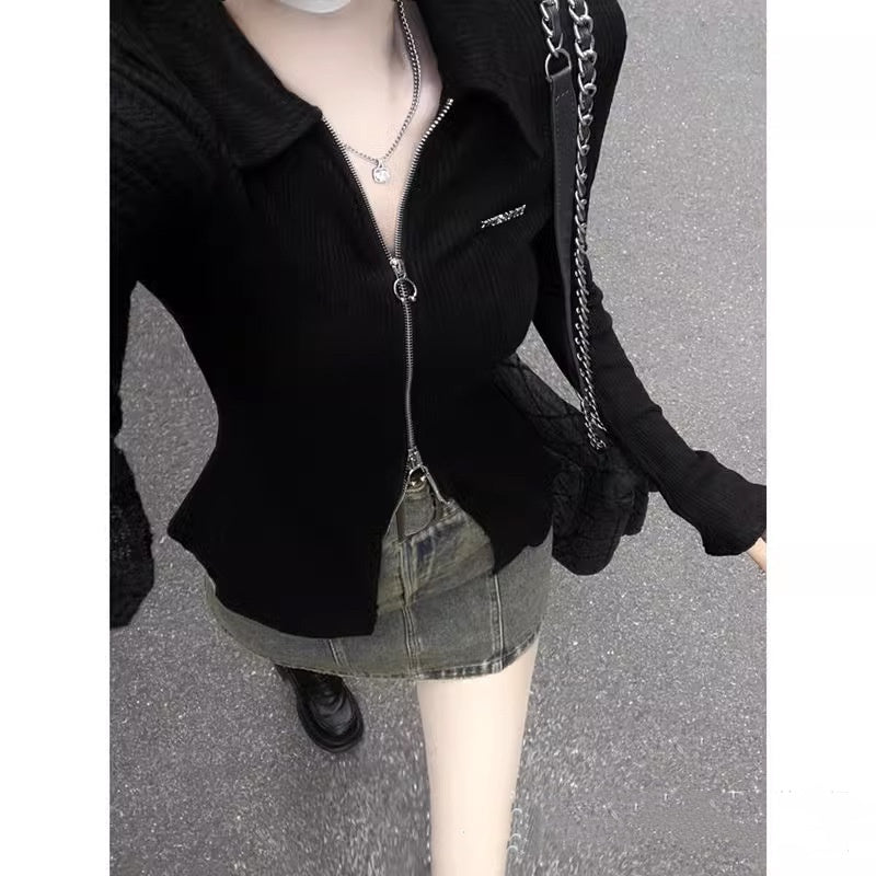 Black Long-sleeve Zipper Cardigan Slim Fit Sun Protection Top