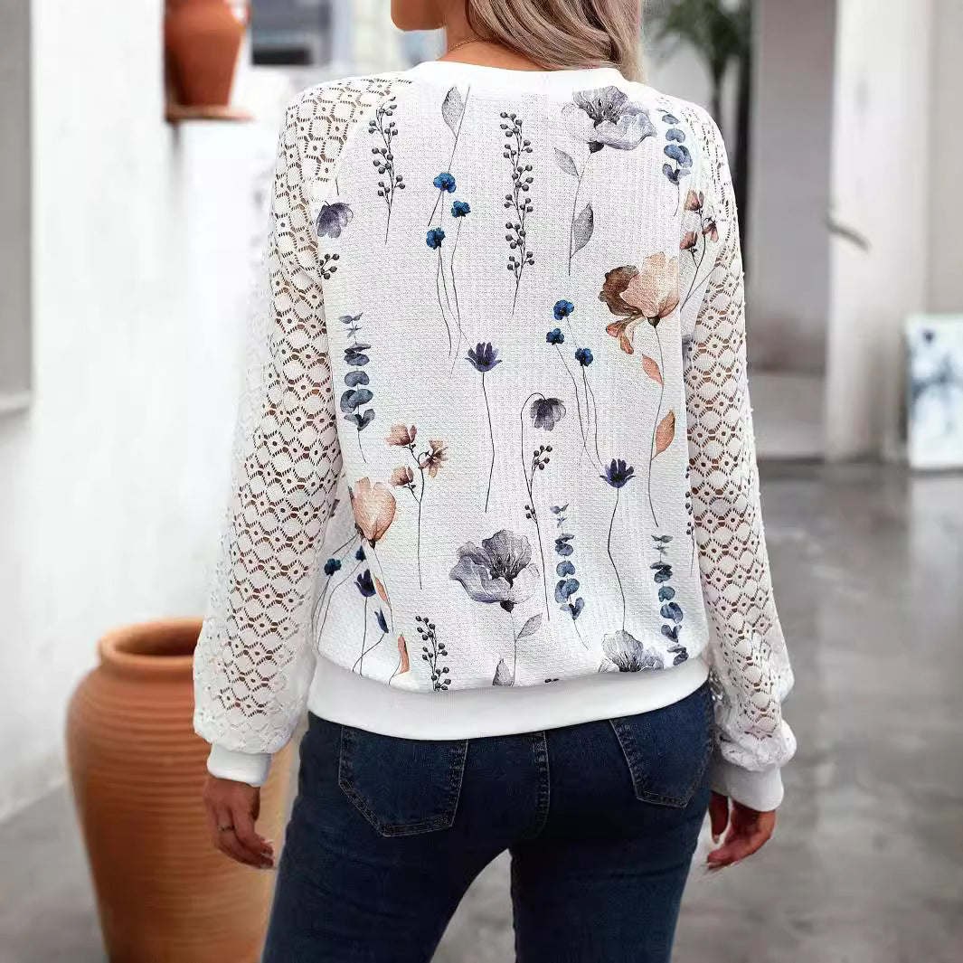 Floral Print Lace Sleeve Waffle Top